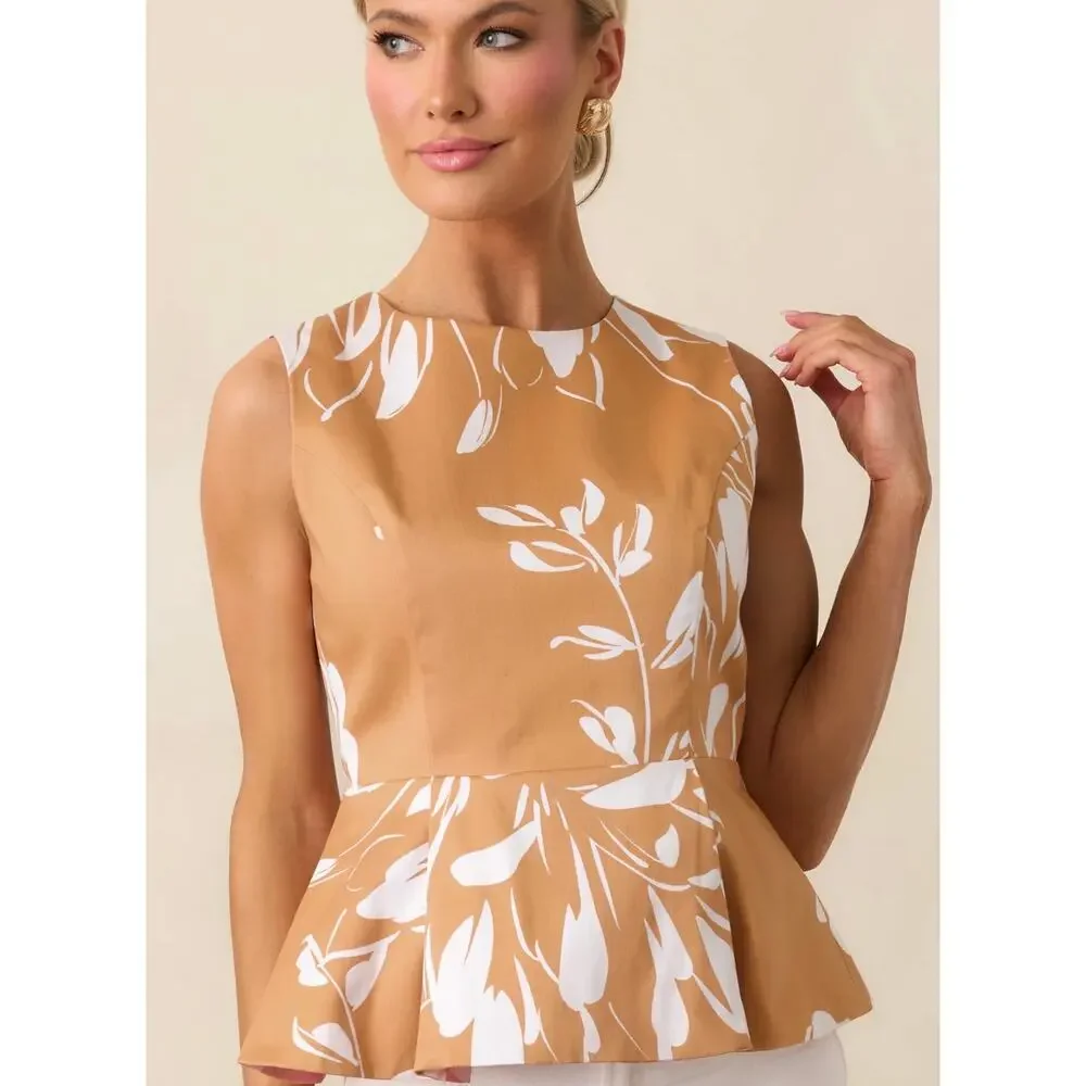 PROSPERINA SABINE ROSE PINK FLORAL PRINT COTTON REVERSIBLE PEPLUM TOP - Picture 2 of 8